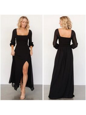 Baltic Born Black Square-Neck Maxi Dress with Sheer Long Sleeves and Thigh Slit